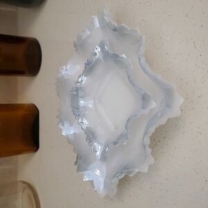 Vintage Pale Blue Milk Glass Diamond Ruffled Sawtooth Edge Dishes Set of 2